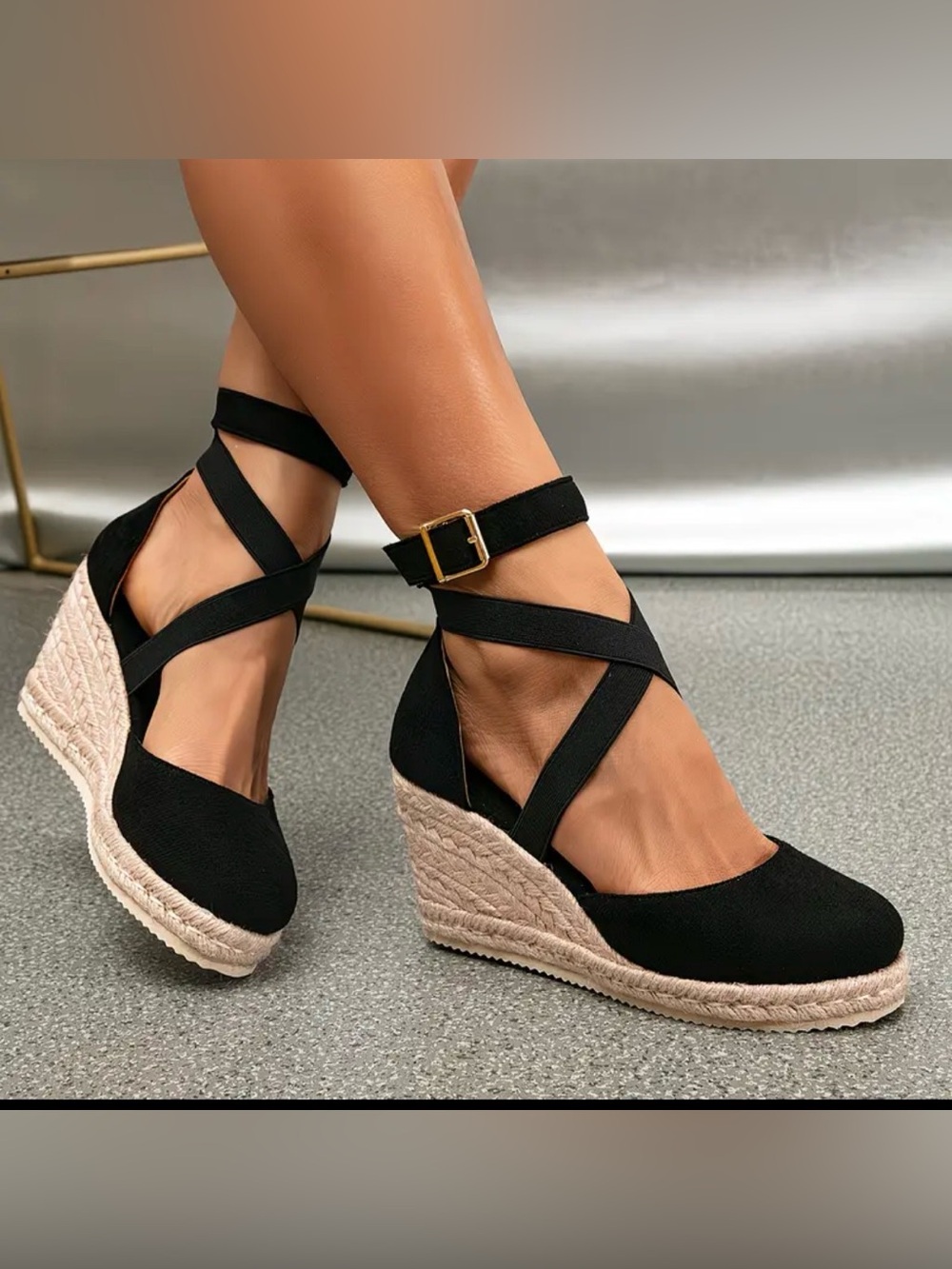 Classic Black Crisscross Espadrille Wedge Heels